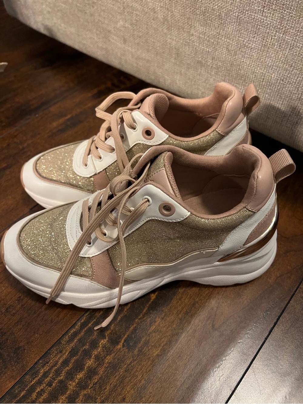 Aldo Glitter Panel Lace-Up Sneaker in Rose Gold and Cream